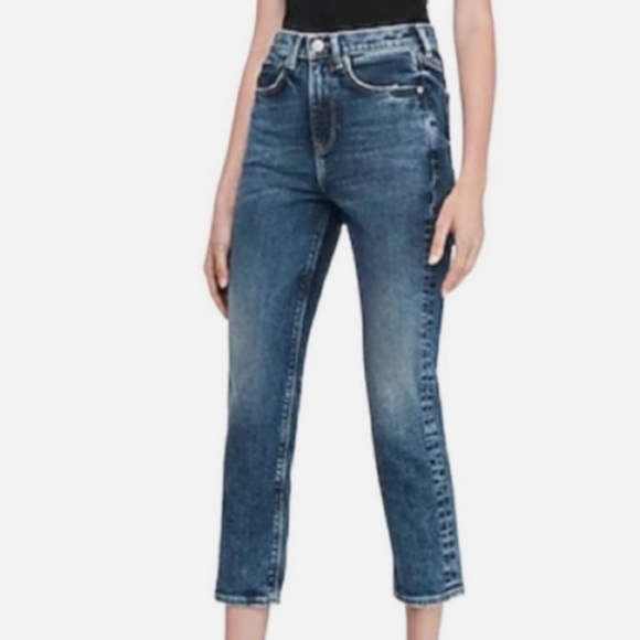 Express Women 8R Blue Acid Wash Denim Ankle Crop Super High Rise Mom Jeans - Picture 1 of 10